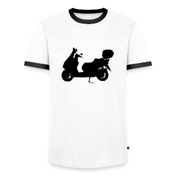Daelim S3 Silhouette seitlich von links - Männer Kontrast-T-Shirt - Weiß/Schwarz - Vorne - AI Model Female 172 light (172cm) & AI Model Male 178 dark (178cm)