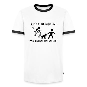 Bitte klingeln! Radfahrer-Hund - Männer Kontrast-T-Shirt - Weiß/Schwarz - Vorne - AI Model Female 172 light (172cm) & AI Model Male 178 dark (178cm)