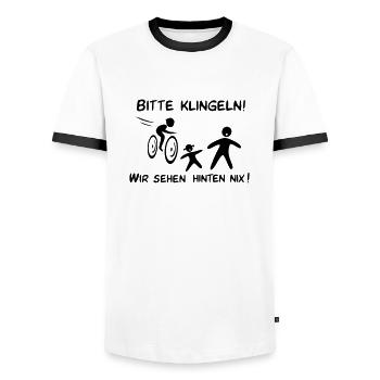 Bitte klingeln! Radfahrer-Kind - Männer Kontrast-T-Shirt - Weiß/Schwarz - Vorne - AI Model Female 172 light (172cm) & AI Model Male 178 dark (178cm)