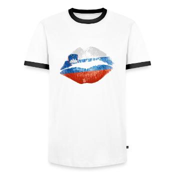 Kuss (Slowenien / Slovenia) - Männer Kontrast-T-Shirt - Weiß/Schwarz - Vorne - AI Model Female 172 light (172cm) & AI Model Male 178 dark (178cm)