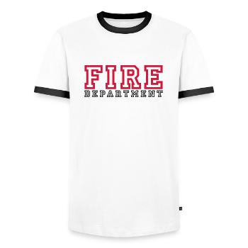 FIRE lettering Department - Men's Ringer Shirt - white/black - Front - AI Model Female 172 light (172cm) & AI Model Male 178 dark (178cm)