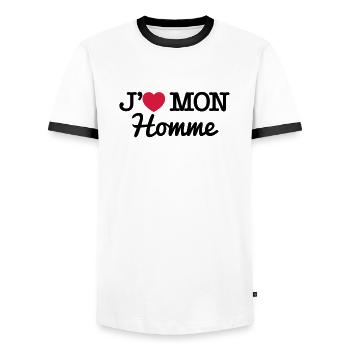 J'aime mon homme - T-shirt contrasté Homme - blanc/noir - Devant - AI Model Female 172 light (172cm) & AI Model Male 178 dark (178cm)