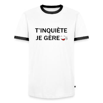 T'inquiète je gère - T-shirt contrasté Homme - blanc/noir - Devant - AI Model Female 172 light (172cm) & AI Model Male 178 dark (178cm)