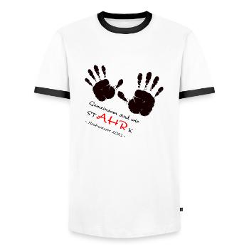 We AHR together | Ahrtal Hochwasser SolidAHRität - Männer Kontrast-T-Shirt - Weiß/Schwarz - Vorne - AI Model Female 172 light (172cm) & AI Model Male 178 dark (178cm)