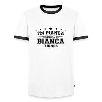 Ich bin Bianca, die Bianca Dinge macht - Männer Kontrast-T-Shirt - Weiß/Schwarz - Vorne - AI Model Female 172 light (172cm) & AI Model Male 178 dark (178cm)