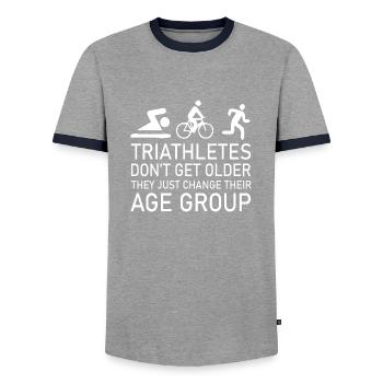 Triathlon Swim Bike Run - Men's Ringer Shirt - grey/navy  - Front - AI Model Female 172 light (172cm) & AI Model Male 178 light (178cm)