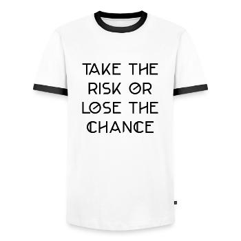 funny saying English risk success writing - Men's Ringer Shirt - white/black - Front - AI Model Female 172 light (172cm) & AI Model Male 178 dark (178cm)