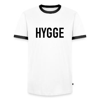 Hygge - Danish tradition - Attitude to life - Nice - Men's Ringer Shirt - white/black - Front - AI Model Female 172 light (172cm) & AI Model Male 178 dark (178cm)