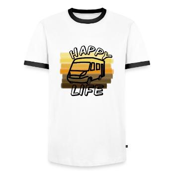 Camping Camping Camping Caravane Camping-car Vacances Happy Life - T-shirt contrasté Homme - blanc/noir - Devant - AI Model Female 172 light (172cm) & AI Model Male 178 dark (178cm)