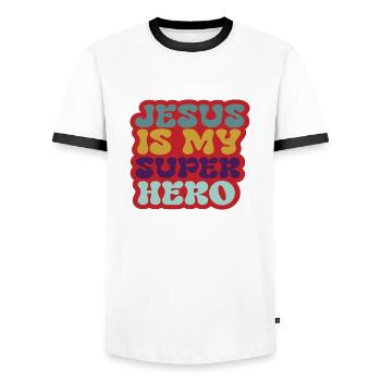 Jésus est mon super-héros - T-shirt contrasté Homme - blanc/noir - Devant - AI Model Female 172 light (172cm) & AI Model Male 178 dark (178cm)