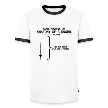 Combat à l’épée 101 Anatomie d’une épée - T-shirt contrasté Homme - blanc/noir - Devant - AI Model Female 172 light (172cm) & AI Model Male 178 dark (178cm)