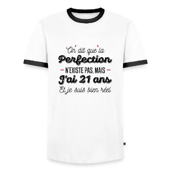 21 ans de perfection / humour anniversaire 21 ans - T-shirt contrasté Homme - blanc/noir - Devant - AI Model Female 172 light (172cm) & AI Model Male 178 dark (178cm)