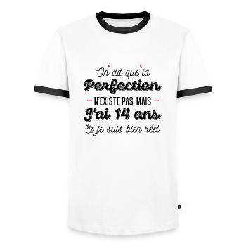 14 ans de perfection / cadeau anniversaire 14 ans - T-shirt contrasté Homme - blanc/noir - Devant - AI Model Female 172 light (172cm) & AI Model Male 178 dark (178cm)