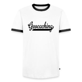 Geocaching - Men's Ringer Shirt - white/black - Front - AI Model Female 172 light (172cm) & AI Model Male 178 dark (178cm)