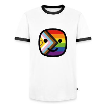 Always Smile Proudly! - Progress Pride Edition - Men's Ringer Shirt - white/black - Front - AI Model Female 172 light (172cm) & AI Model Male 178 dark (178cm)