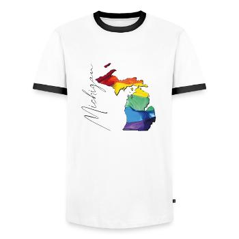 Michigan (United States) | Real Flag | LGBTQIA+ Script - Men's Ringer Shirt - white/black - Front - AI Model Female 172 light (172cm) & AI Model Male 178 dark (178cm)