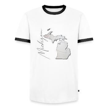 Michigan (United States) | real volleyball | Map Sct - Men's Ringer Shirt - white/black - Front - AI Model Female 172 light (172cm) & AI Model Male 178 dark (178cm)