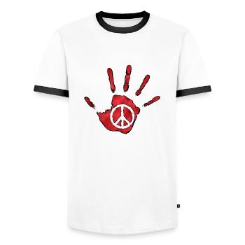peace - Men's Ringer Shirt - white/black - Front - AI Model Female 172 light (172cm) & AI Model Male 178 dark (178cm)