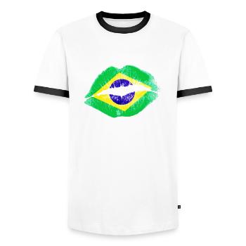 Kiss (Brazil / Brasil) - Men's Ringer Shirt - white/black - Front - AI Model Female 172 light (172cm) & AI Model Male 178 dark (178cm)