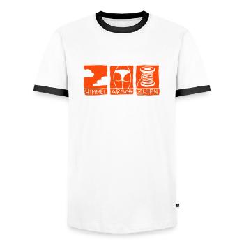 heaven, ass and thread - Men's Ringer Shirt - white/black - Front - AI Model Female 172 light (172cm) & AI Model Male 178 dark (178cm)
