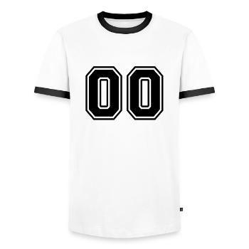 00_nummer_1_f1 - Männer Kontrast-T-Shirt - Weiß/Schwarz - Vorne - AI Model Female 172 light (172cm) & AI Model Male 178 dark (178cm)