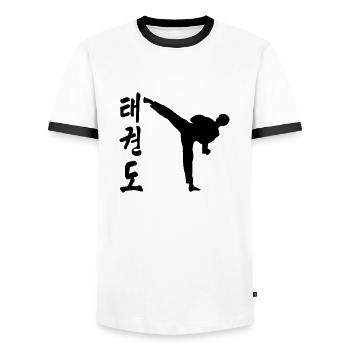 taekwondo high kick coup de pied combat - T-shirt contrasté Homme - blanc/noir - Devant - AI Model Female 172 light (172cm) & AI Model Male 178 dark (178cm)
