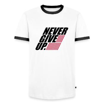 stripes design never give up logo never give up - Men's Ringer Shirt - white/black - Front - AI Model Female 172 light (172cm) & AI Model Male 178 dark (178cm)