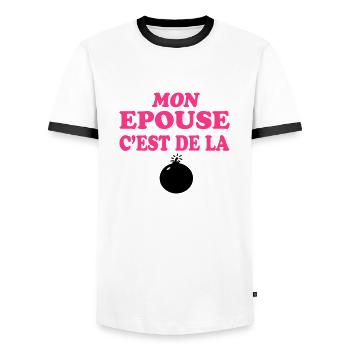 Mon épouse c'est de la bombe 333 - Men's Ringer Shirt - white/black - Front - AI Model Female 172 light (172cm) & AI Model Male 178 dark (178cm)