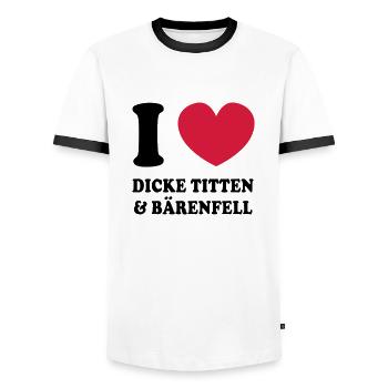 I love dicke Titten und Baerenfell - Männer Kontrast-T-Shirt - Weiß/Schwarz - Vorne - AI Model Female 172 light (172cm) & AI Model Male 178 dark (178cm)