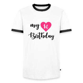 1st birthday - Men's Ringer Shirt - white/black - Front - AI Model Female 172 light (172cm) & AI Model Male 178 dark (178cm)