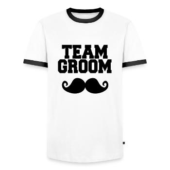 Team Groom, Bachelor Party, Stag & Hen Nights - Men's Ringer Shirt - white/black - Front - AI Model Female 172 light (172cm) & AI Model Male 178 dark (178cm)