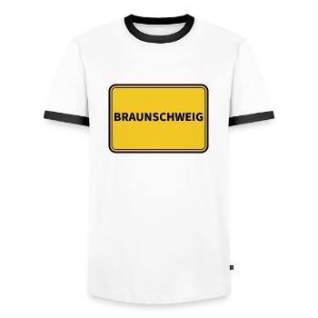 Brunswick Town Sign - Men's Ringer Shirt - white/black - Front - AI Model Female 172 light (172cm) & AI Model Male 178 dark (178cm)