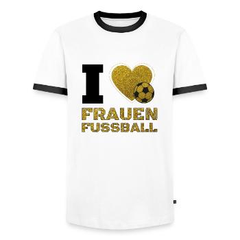 I love frauenfussball Frauen Fußball Fussball - Männer Kontrast-T-Shirt - Weiß/Schwarz - Vorne - AI Model Female 172 light (172cm) & AI Model Male 178 dark (178cm)
