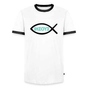 Jésus-Christ Poisson Christ Symbole du christianisme - T-shirt contrasté Homme - blanc/noir - Devant - AI Model Female 172 light (172cm) & AI Model Male 178 dark (178cm)