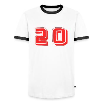 20 YEARS. 20th ANNIVERSARY. ANNIVERSARY 20 YEARS. 20 - Men's Ringer Shirt - white/black - Front - AI Model Female 172 light (172cm) & AI Model Male 178 dark (178cm)