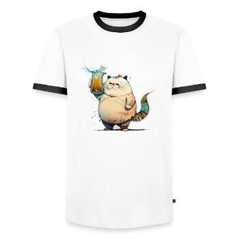 Un gros chat drôle boit de la bière - T-shirt contrasté Homme - blanc/noir - Devant - AI Model Female 172 light (172cm) & AI Model Male 178 dark (178cm)