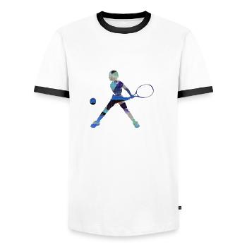 tennis,rückhand,tennisspielerin,junge,kind - Männer Kontrast-T-Shirt - Weiß/Schwarz - Vorne - AI Model Female 172 light (172cm) & AI Model Male 178 dark (178cm)