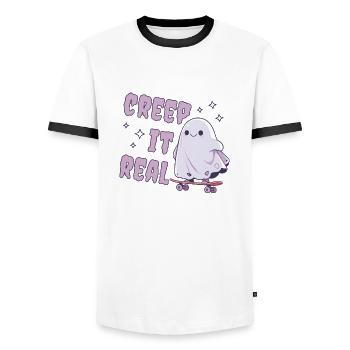 Niedlicher Geist auf einem Skateboard | Creep it Real - Männer Kontrast-T-Shirt - Weiß/Schwarz - Vorne - AI Model Female 172 light (172cm) & AI Model Male 178 dark (178cm)