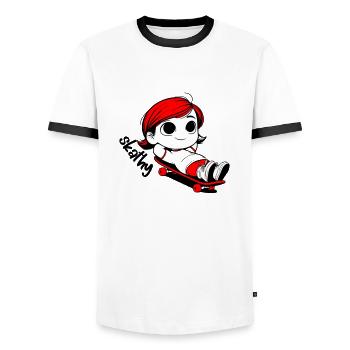 Kathy se relaxant sur une planche à roulettes. - T-shirt contrasté Homme - blanc/noir - Devant - AI Model Female 172 light (172cm) & AI Model Male 178 dark (178cm)