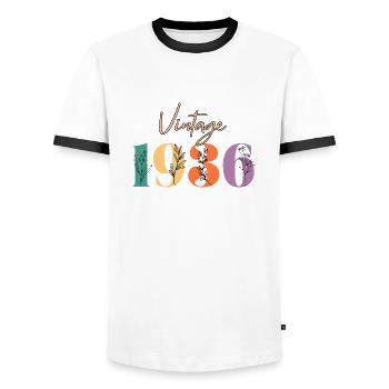 Jahrgang 1936 Blumen - Männer Kontrast-T-Shirt - Weiß/Schwarz - Vorne - AI Model Female 172 light (172cm) & AI Model Male 178 dark (178cm)