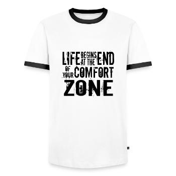 La vie commence à la fin de votre zone de confort - T-shirt contrasté Homme - blanc/noir - Devant - AI Model Female 172 light (172cm) & AI Model Male 178 dark (178cm)