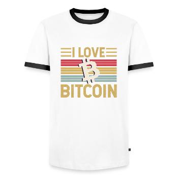 I love bitcoin - Men's Ringer Shirt - white/black - Front - AI Model Female 172 light (172cm) & AI Model Male 178 dark (178cm)