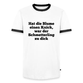 T-Shirt "hat die Blume einen Knick" - Männer Kontrast-T-Shirt - Weiß/Schwarz - Vorne - AI Model Female 172 light (172cm) & AI Model Male 178 dark (178cm)