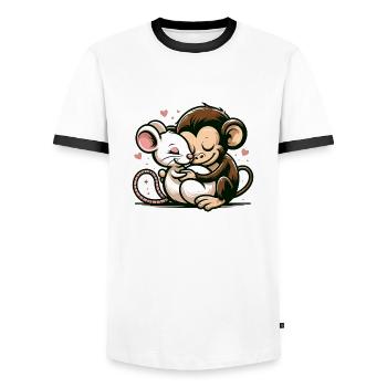 Cuddling Monkey And Mouse In Love - Men's Ringer Shirt - white/black - Front - AI Model Female 172 light (172cm) & AI Model Male 178 dark (178cm)