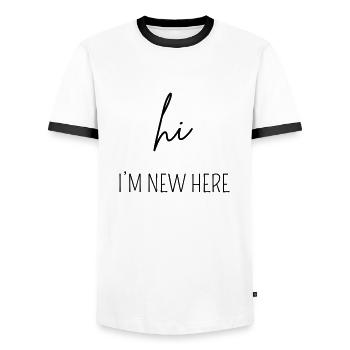 HI I'M NEW HERE | baby body Geschenk - Männer Kontrast-T-Shirt - Weiß/Schwarz - Vorne - AI Model Female 172 light (172cm) & AI Model Male 178 dark (178cm)