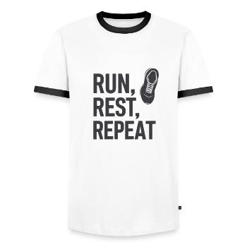 Run & Repeat Motivation - Men's Ringer Shirt - white/black - Front - AI Model Female 172 light (172cm) & AI Model Male 178 dark (178cm)