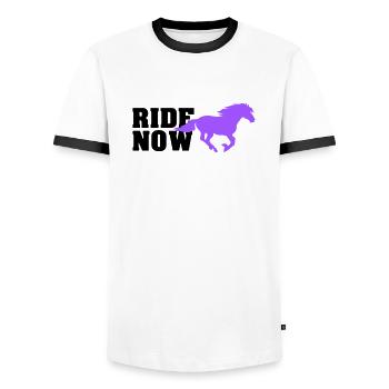 ride now - Men's Ringer Shirt - white/black - Front - AI Model Female 172 light (172cm) & AI Model Male 178 dark (178cm)