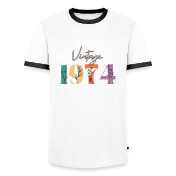 Jahrgang 1974 Blumen - Männer Kontrast-T-Shirt - Weiß/Schwarz - Vorne - AI Model Female 172 light (172cm) & AI Model Male 178 dark (178cm)
