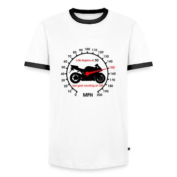 La vie commence à 50 - T-shirt contrasté Homme - blanc/noir - Devant - AI Model Female 172 light (172cm) & AI Model Male 178 dark (178cm)