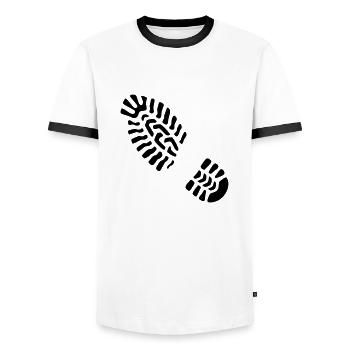 Fußabdruck links / Footprint left - Männer Kontrast-T-Shirt - Weiß/Schwarz - Vorne - AI Model Female 172 light (172cm) & AI Model Male 178 dark (178cm)